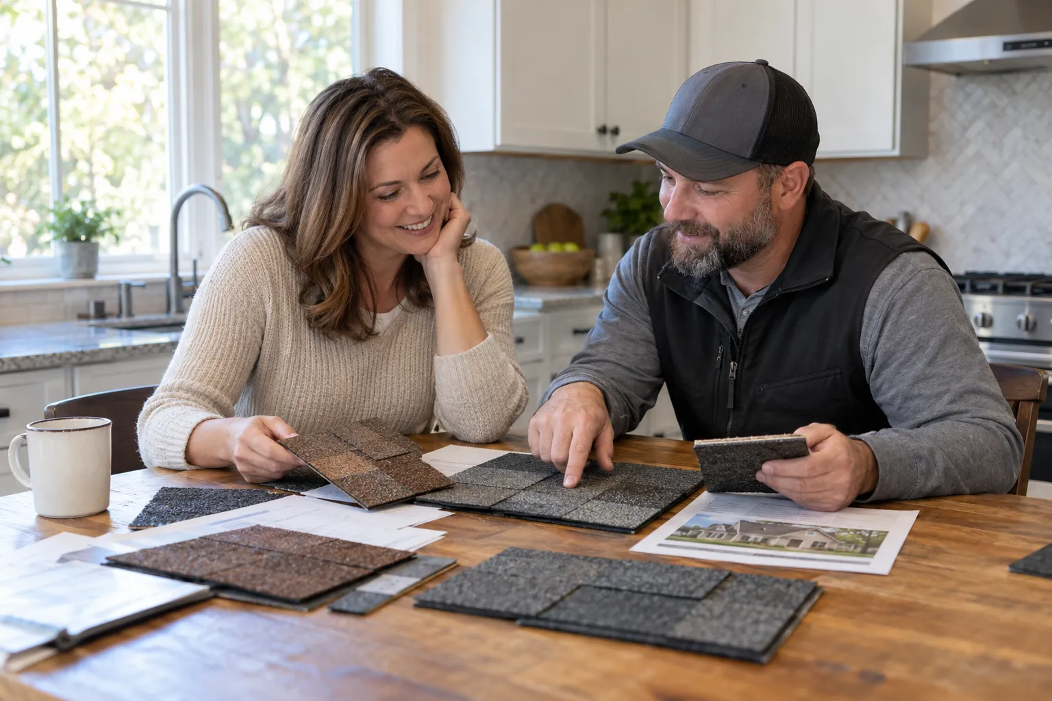 Roofing provider reviewing an estimate with a homeowner in the Atlanta area